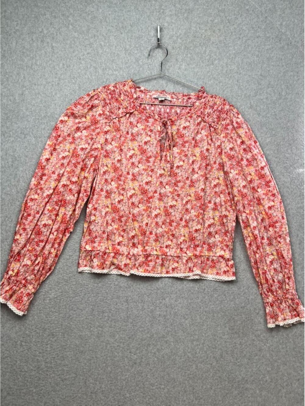 American Eagle Boho Cottagecore Smocked Blouse Floral Lace Tie Neck XL Prairie